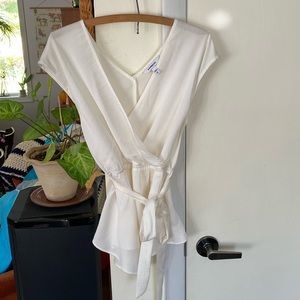 Express Asymmetrical Cap Sleeve Blouse with Cinched Waist and Tie